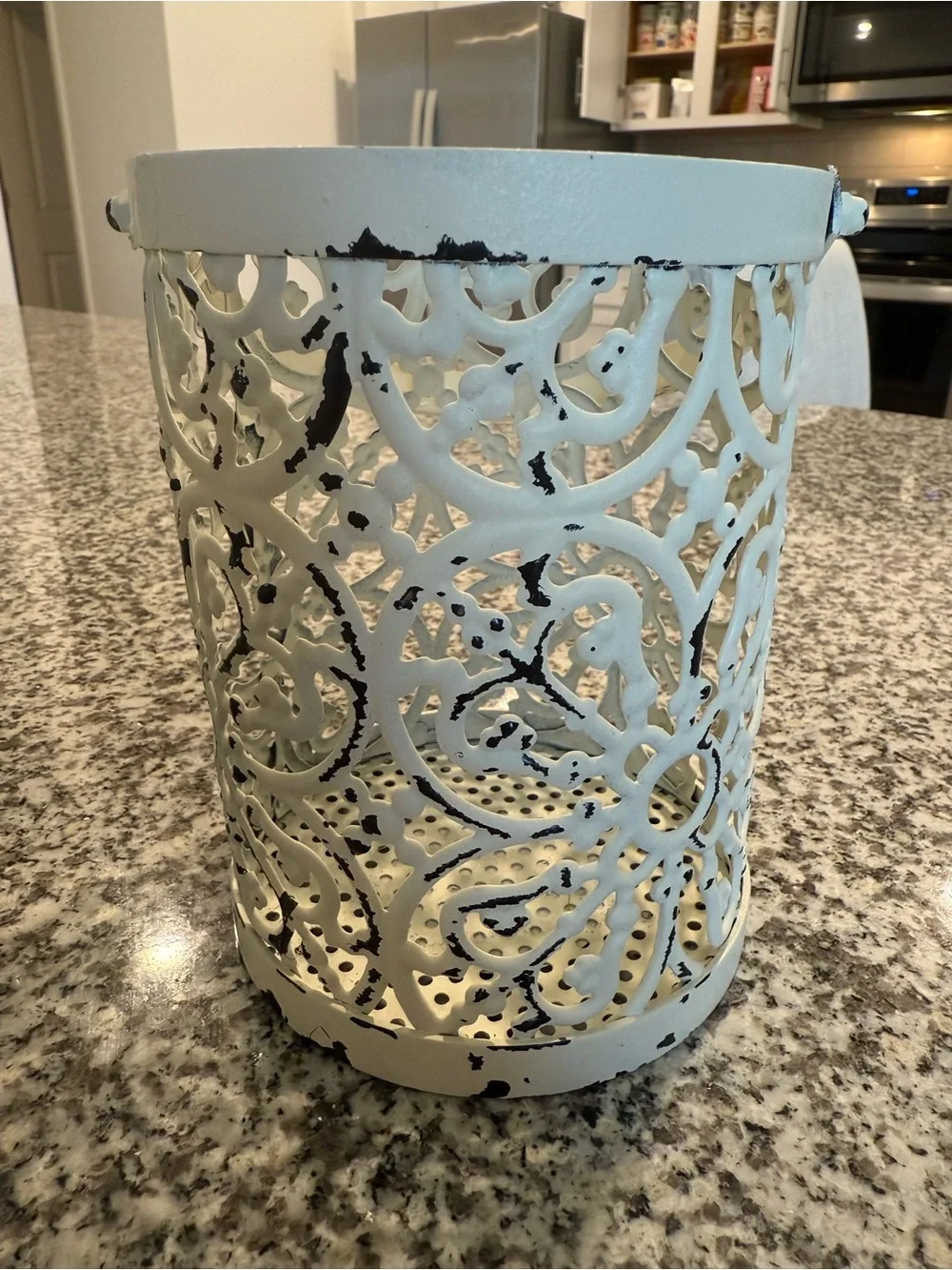Wedding Decor! Distressed White & Black Metal Floral Lantern / Bucket